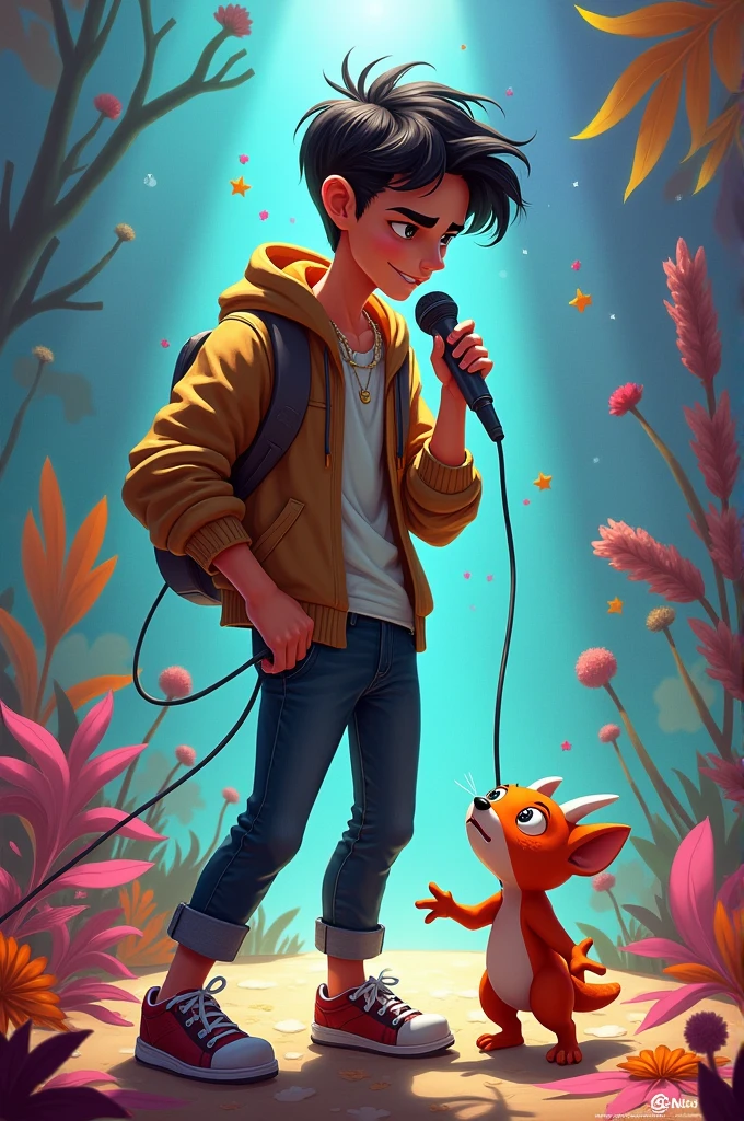 Dynamic pose with a guy with a microphone looking at a small creature
