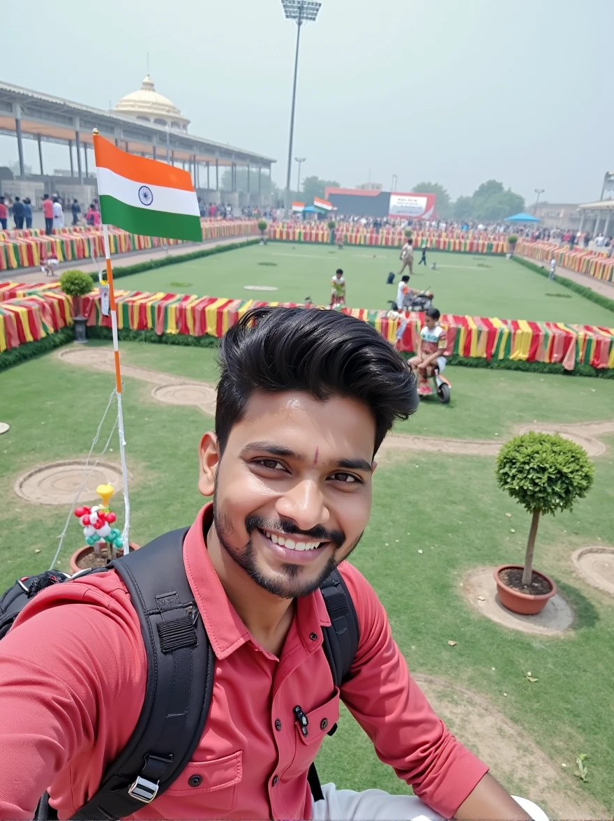 Firstly remove background of this image and add background of Happy Independence Day and change this image to taking selfie of Indian flag 
