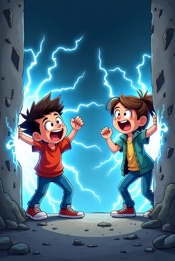 Cartoon of cute Young boy breaking the wall, while cute girl  on right side throwing a powerful punch to a punching bag breaking the right wall with it, they both get electricity falling on them from above the word "Action bar" which also look good while background of whole image is black and electricity color is blue and white