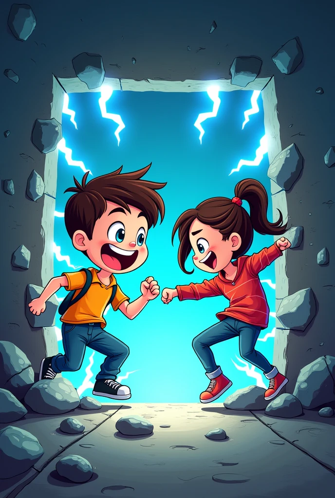 Cartoon of cute Young boy breaking the wall, while cute girl on right side throwing a powerful punch to a punching bag breaking the right wall with it, they both get electricity falling on them from above the word "Action bar" which also look good while background of whole image is black and electricity color is blue and white