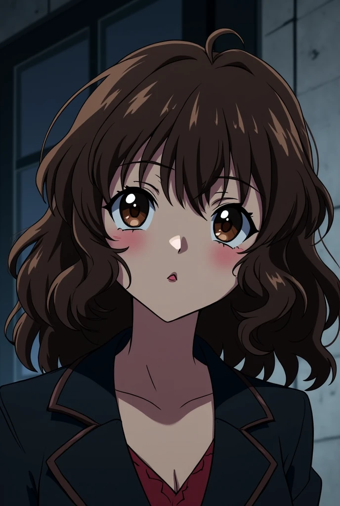 90s anime style vampire girl with curly hair full of well-defined brown curls to the shoulder and dark brown eyes
