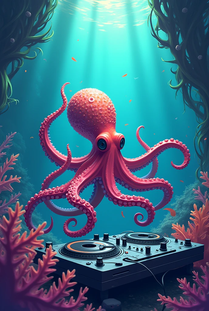 illustration of a dj octopus at the bottom of the sea the 3/4 shot