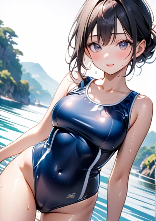 (((Japanese Landscape))), (((Swimming in the sea))), ((School Swimsuit)), ((Shiny Costumes)), skindentation, skinny, solo, 1 woman, Masterpiece, highest quality, highest quality, 16K, incredibly absurd, highly detailed, 2.5D, ai-generated, delicate and dynamic, very delicate facial expressions, delicate eye depiction, erotic, only sexy woman, ((A cute and kind face)), healthy figure, ((25-year-old woman)), 160cm tall, medium firm swaying bust, Sweat,Embarrassed,sexy, ((thin thighs)), (camel toe:0.7), , (Erect nipples,:0.7), shiny and lustrous, facing straight at viewer, (((in heat))), ((Oily_skin)), ((Lots of sweat)), ((dutch angle)), ((erotic pose)), (((Very dynamic pose))), The countryside by the sea in Japan, the sea in midsummer, summer vacation,