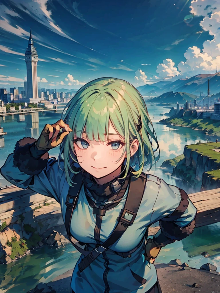 Empty City, A town above the clouds, Sky City,Black Eye,green hair,