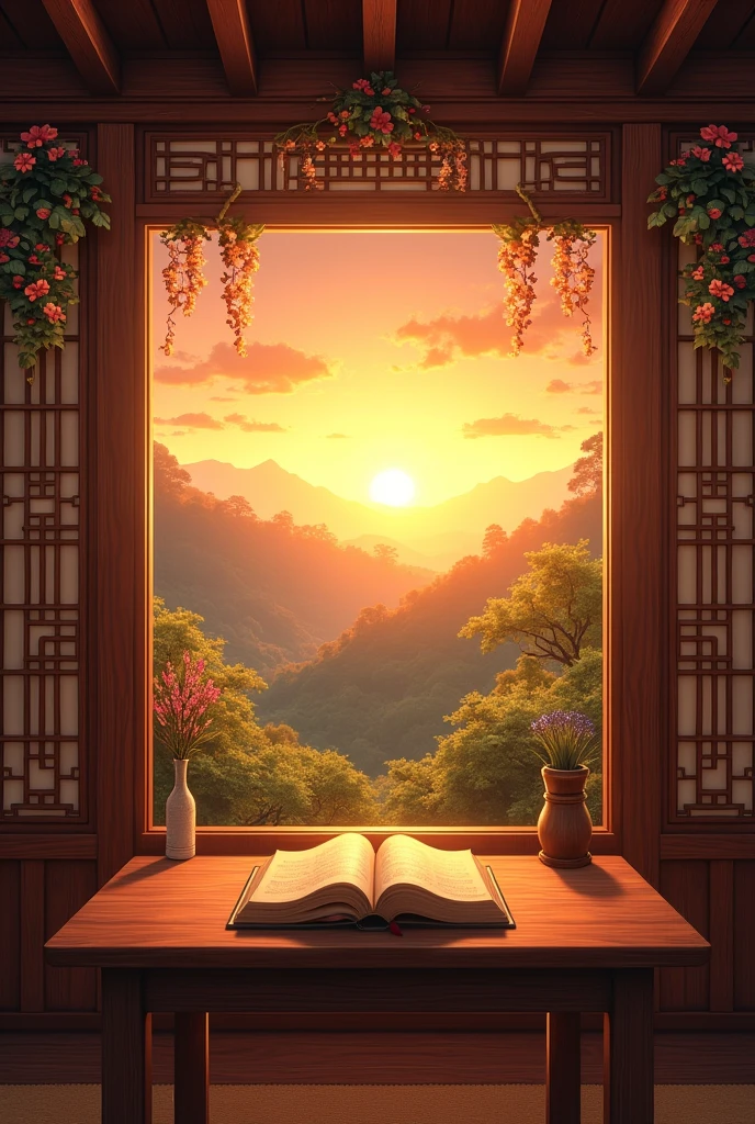A sunset in a mahogany house in the countryside, with view of wooden window , with hanging flowers, with a mahogany table in the center and on top of the table a philosophy book