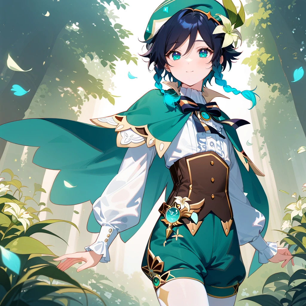 (best quality,4k,8k,highres,masterpiece:1.2),1boy,venti genshin impact,male focus,flat chest,ultra-detailed,realistic,(dsmile:0.5),morning of spring,delicate light rays,rich color palette,elegant curves,effects of light and shadow,flower petals falling,springtime essence,ethereal atmosphere,peaceful garden background,morning dew,soft sunlight filtering through trees,lush plants,komorebi,vividly colored blossoms,transcendent beauty,awe-inspiring artwork,white long-sleeved shirt, brown corset,green shorts, white tights,green cape,hat,brooch,green eyes,wise and kind god,cinematic lighting, ray tracing, UHD, high details, high quality, award winning, super detail,wind magic