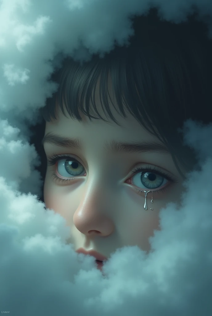 Sad eyes with a tear among the clouds