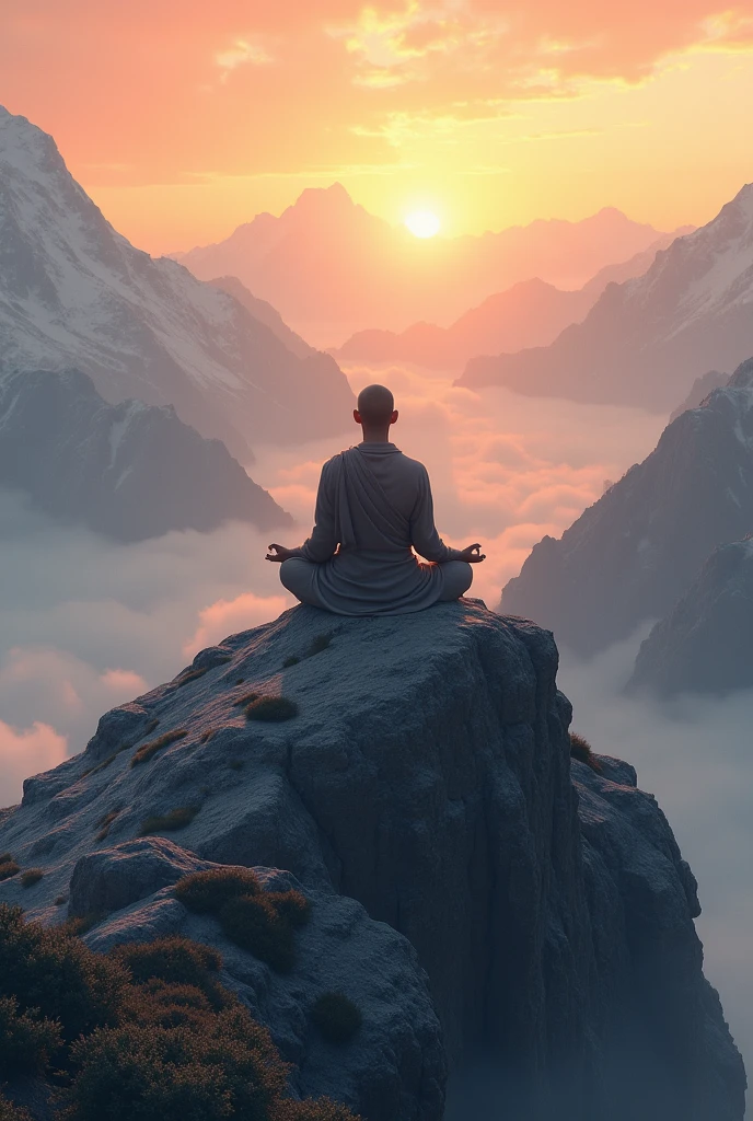 Monk doing meditation in morning above the mountain while sunrise 