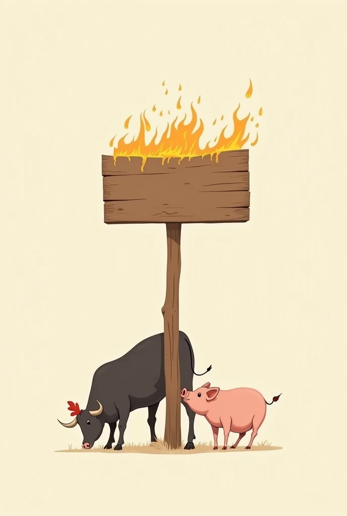 logo of a wooden sign burning in fire, but held by a chicken, a bull and a pig, minimalism illustration.