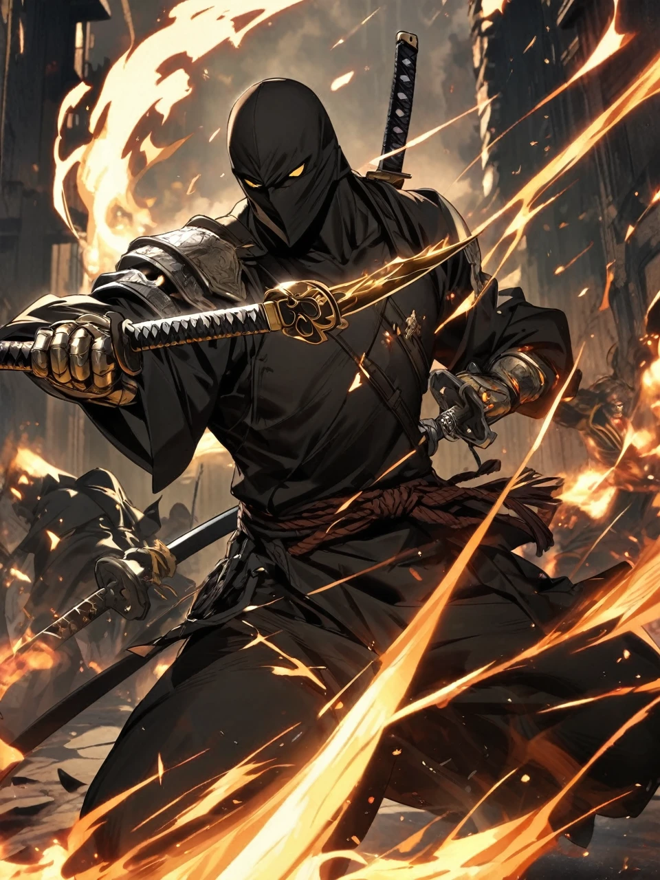 Black Swordsman, Fire Katana, Golden eyes, Metal arm