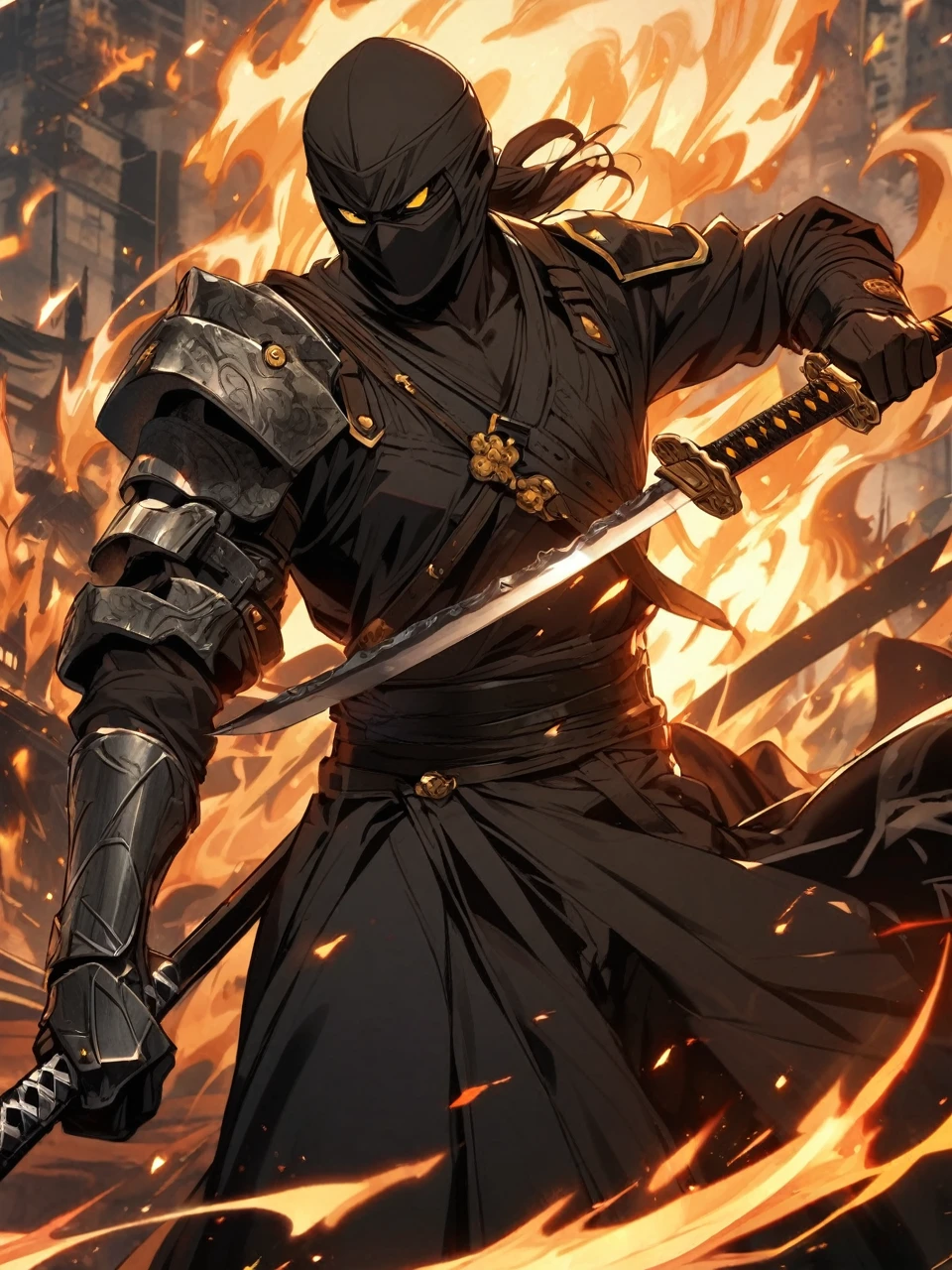 Black Swordsman, Fire Katana, Golden eyes, Metal arm