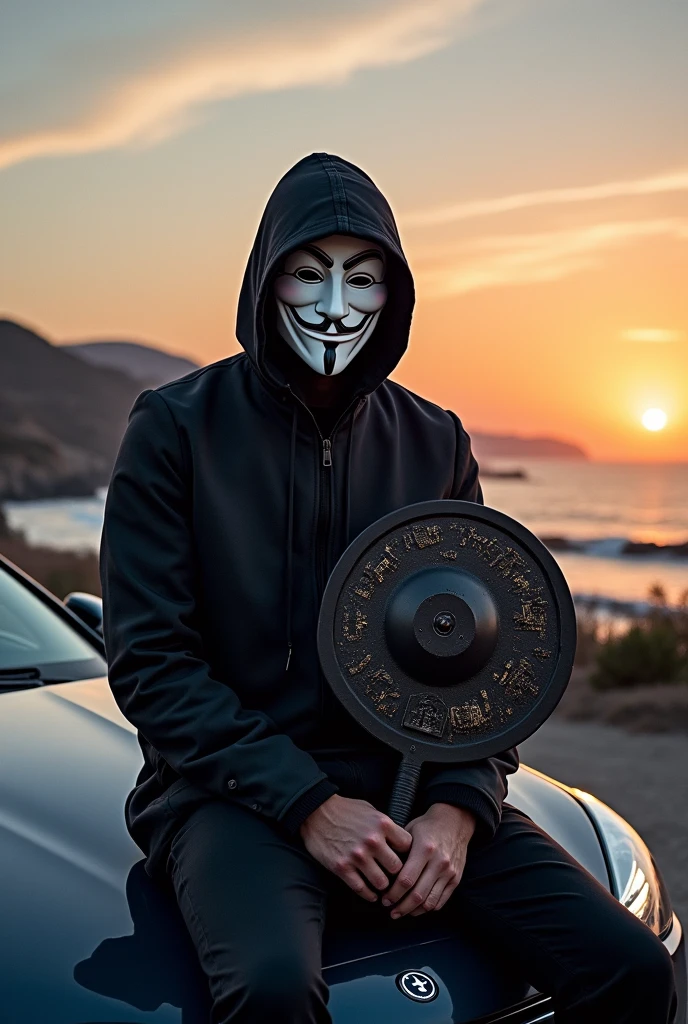 a masked man wearing the Anonymous mask,  sitting on the hood of a car next to a parked car, flaunting his wealth, 🪔 🎨;🌞🌄, edited, album photo, 🕹️ 😎 🔫 🤖 🚬, profile image, taken with sony alpha 9, 🚿🗝📝, holding a 🛡 and an 🪓, na coast