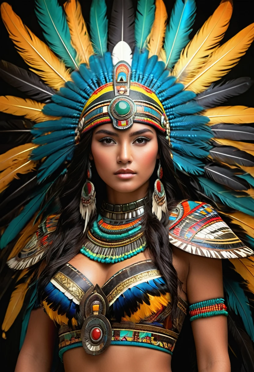 ((best quality)), ((masterpiece)), (detailed), perfect face 1 young girl,Aztec warrior goddess, beautiful, perfect, una Aztec warrior goddess, cara perfect, perfect body, medidas perfects, Perfect medium breasts, perfect waist and thighs, brings su armadura,(gilded with obsidian and jade), and gemstone inlays, armor worthy of a goddess, (she is surrounded by a divine aura), brings un hermoso_big and (majestic headdress) of feathers of colorful feathers, (very intricate design), (Exotic feathers), brings (obsidian macuahuitl), the weapon of a god, 
