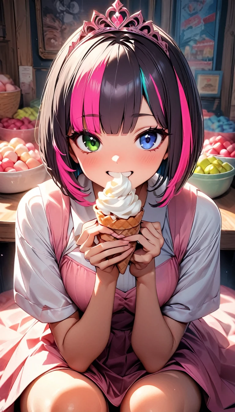 (highest quality:1.2, Very detailed, up to date, Vibrant, Ultra-high resolution, High Contrast, masterpiece:1.2, highest quality, Best aesthetics), Portraiture、girl、princess, solo, (25-years-old:1), slim, heterrochromia, green eye, red eye, extra short hair, ((bob cut:1.5))、pink and purple, ((streaked hair:1.9)), (highlights hair: 1.6), Pink Princess dress, (pink tiara:1.5), (medium :0.7), (tan skin:0.5), (happy:1.8), sit surrounded by sweets:1, in house of sweets, pastel color wall, Eating soft serve ice cream, a lot of cream on cheeks, Bright colors、Beautiful fine details、Beautiful lip detail、look at viewer, full body