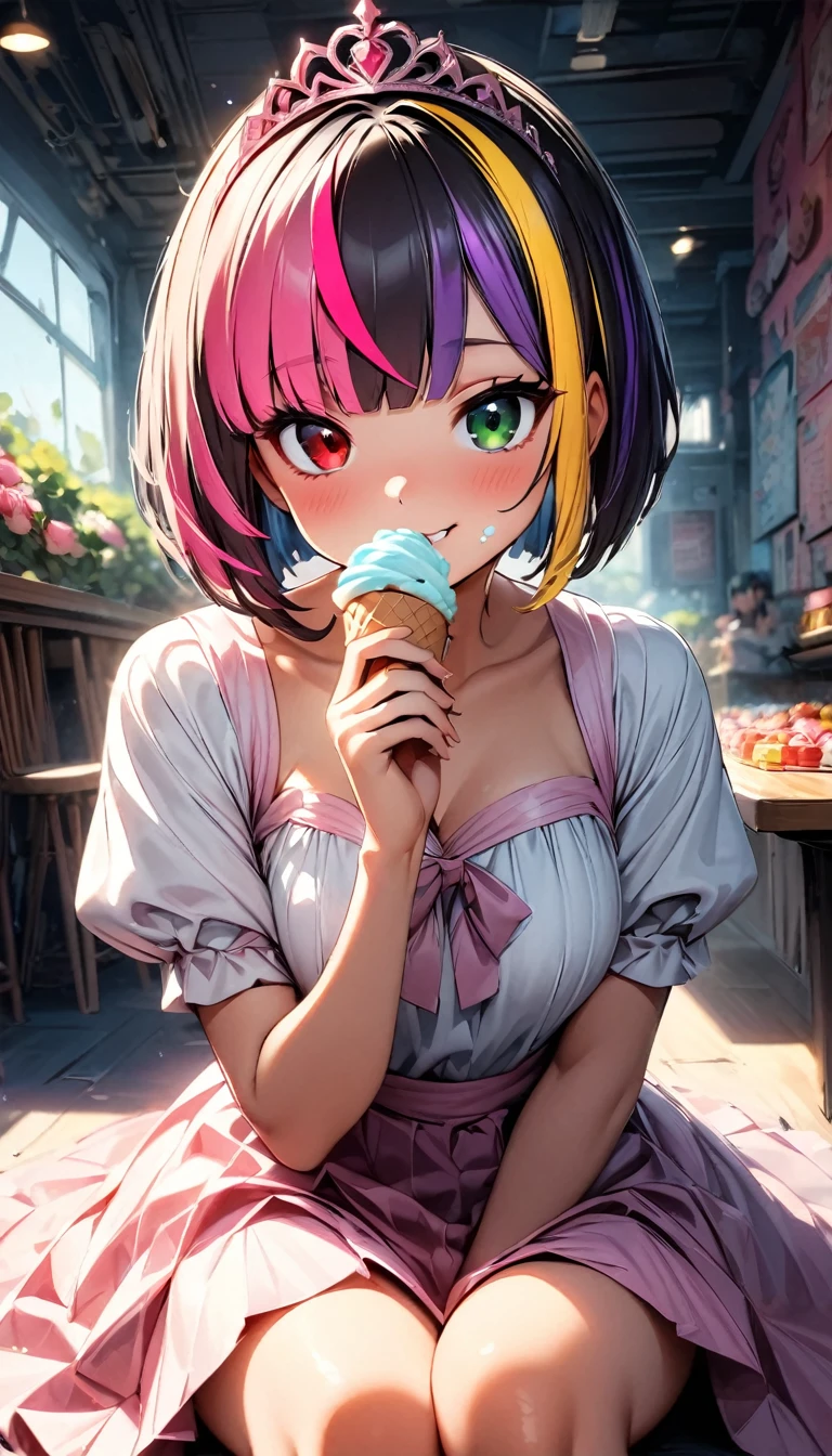 (highest quality:1.2, Very detailed, up to date, Vibrant, Ultra-high resolution, High Contrast, masterpiece:1.2, highest quality, Best aesthetics), Portraiture、girl、princess, solo, (25-years-old:1), slim, heterrochromia, green eye, red eye, extra short hair, ((bob cut:1.5))、pink and purple, ((streaked hair:1.9)), (highlights hair: 1.6), Pink Princess dress, (pink tiara:1.5), (medium breast:0.7), (tan skin:0.5), (happy:1.8), sit surrounded by sweets:1, in house of sweets, pastel color wall, Eating soft serve ice cream, a lot of cream on cheeks, Bright colors、Beautiful fine details、Beautiful lip detail、look at viewer, full body