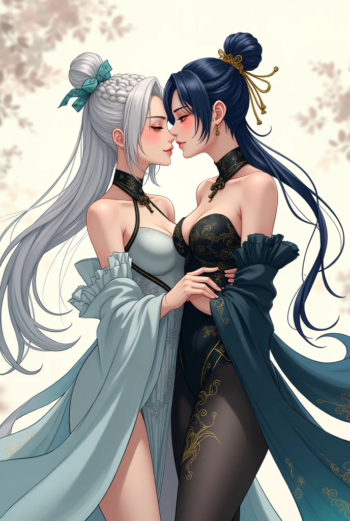 Anime Line Art Shenhe, a young woman with long white hair and a statuesque figure (Shenhe's hair is parted off-center with one side covering her right eye. The back hair is fastened by teal ribbons in a loose fishtail braid ending in a super-low pony. A small odango bun is braided at her back head accessorized with a black hairpin. Shenhe wears a black halterneck qipao dress with chest opening covered by black sheer fabric and full-length side slits fastend by flower frogs, revealing her white bustier underneath. She also wears two detached bubble sleeves with a ruffled shawl in a dark teal gradient. Her dress, bustier, and sleeves feature intricate patterns resembling snow lotus in dark sliver and gold accent. A metal garter is worn on her right thigh, where the Vision is affixied. Her accessories consist red knots attaching to her sleeve garters and neck straps, a lotus headpiece, heart-shaped earrings, ombre nails, and simple black pumps with sliver anklets.) is being embraced and kissed by Xianyun, an older woman with a taller statuesque body and plump breasts (Xianyun uses the tall female model. She has fair skin and navy hair that has light blue undertones. Her hair is tied in a high ponytail secured with a hairpin that resembles the sharpness of a crane. She has shorter eyebrows and wears red glasses. Although Xianyun seems to take the form of a human, she has taloned fingers, like the claws of a crane. Xianyun's dress is black, holding a flowy and tight-fitting style. Her dress has golden engravings and cloud-like shapes while also showing details in different shades of blue. She also wears sheer black tights underneath the dress. Xianyun's heels are black, however they are embellished with golden wings and tips. Some of Xianyun's accessories include red glasses, an orange tassel earring on her right ear, a black and blue feather pinning her hair up in a high ponytail, and sheer black sleeves extending all the way to her fingertips akin to gloves. Her sleeve