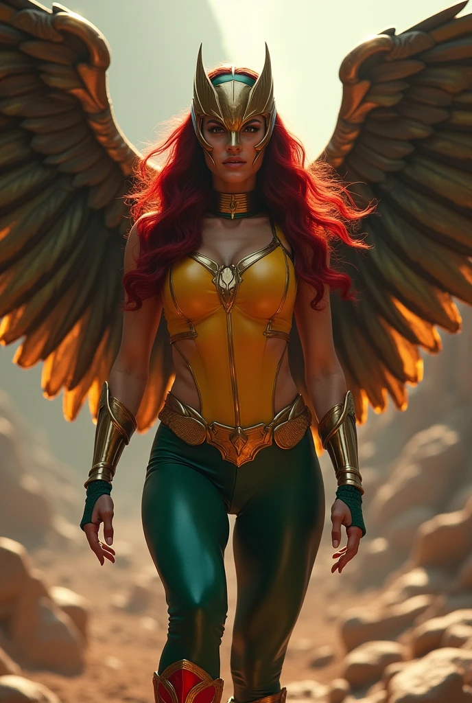 Adriana Lima under the mantle of the Thanagarian warrior Shayera Holl, alias Hawkgirl, with long red hair, wears a hawk-headed helmet on her head covering half of her face. , With her large bird wings protruding from her back and a yellow vest with green pants and red and gold boots, Justice League DC Universe