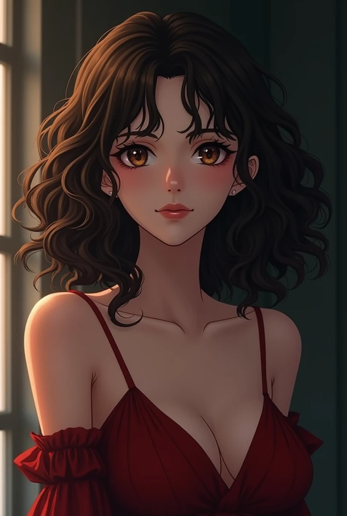 90s anime style vampire girl with curly hair full of well-defined brown curls and no bangs, shoulder length and dark brown eyes