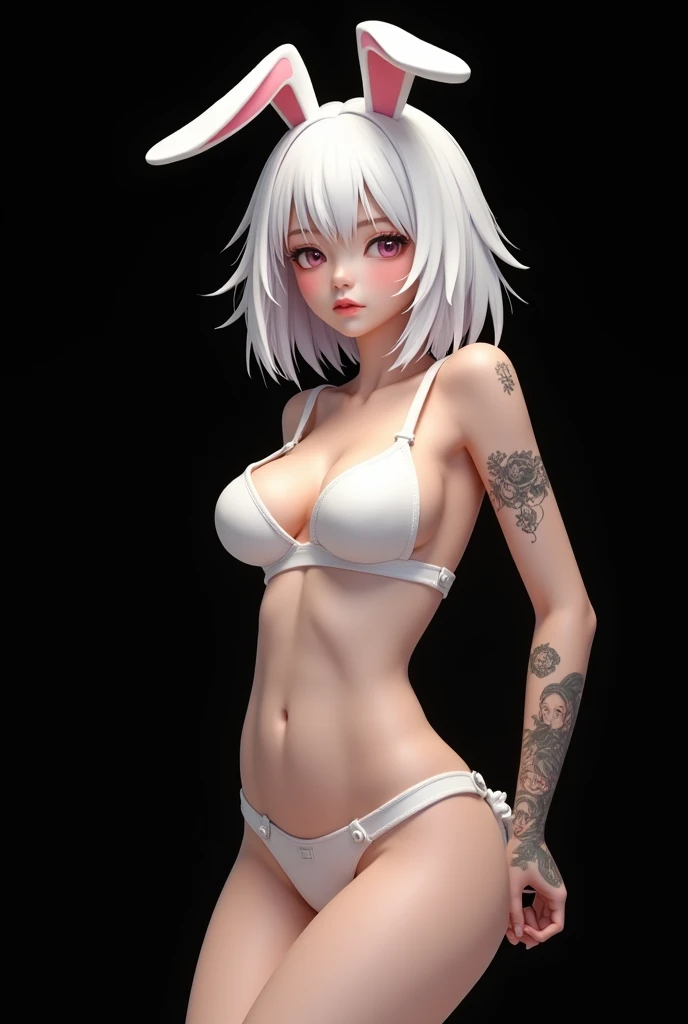 ((korean teen)), arms behind back, cute, (huge tits), ((pale skin)), , (white hair), bunny ears, bunny costume, white panties, black background, beautiful, model, small, ((tattoos)), 
