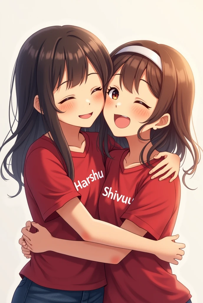Two girl best friend huging
together wearing red
shirt design on shirt is harshu on one girl and on another shivuu