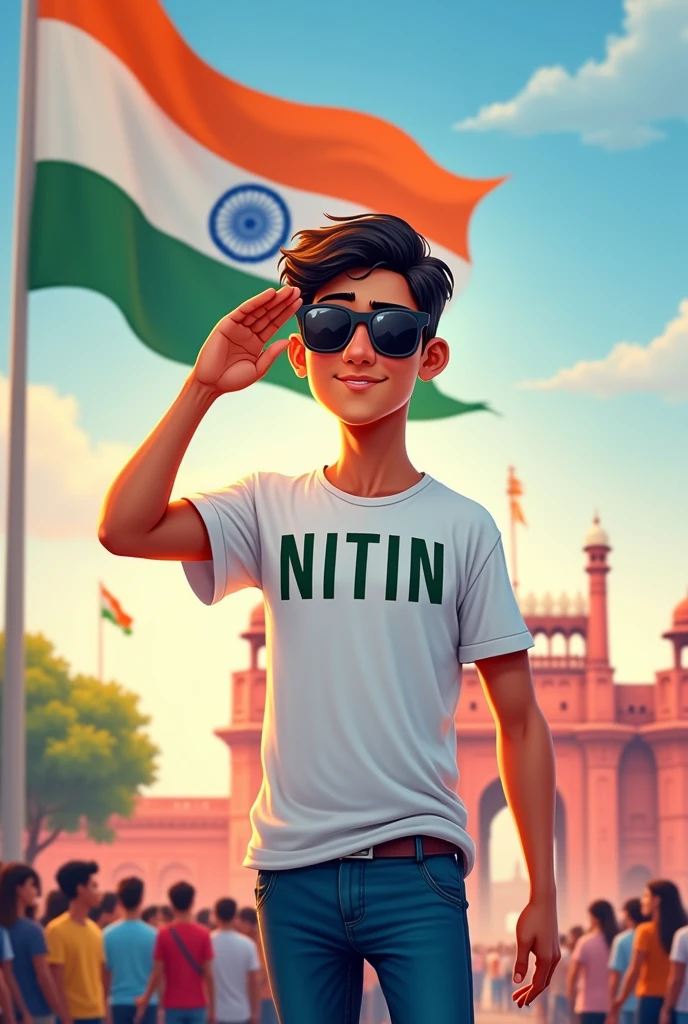 Create a cartoon picture of an 18-year-old boy wearing a white t-shirt and blue jeans. He is saluting a big flying Indian flag, with the Red Fort in the background. The name “NITIN ” is written on his t-shirt in bold letters, sunglasses. The overall image should have a divine background, reminiscent of Indian Republic Day, with people celebrating.