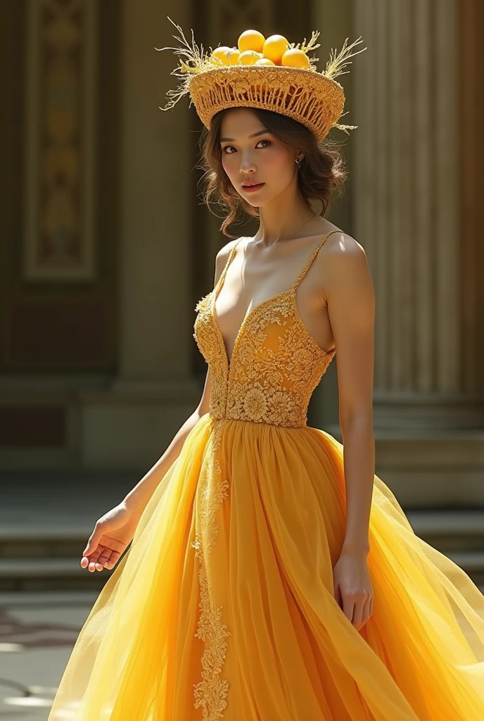 create a gown inspired of lanzones and a headress with a basket of lanzones too