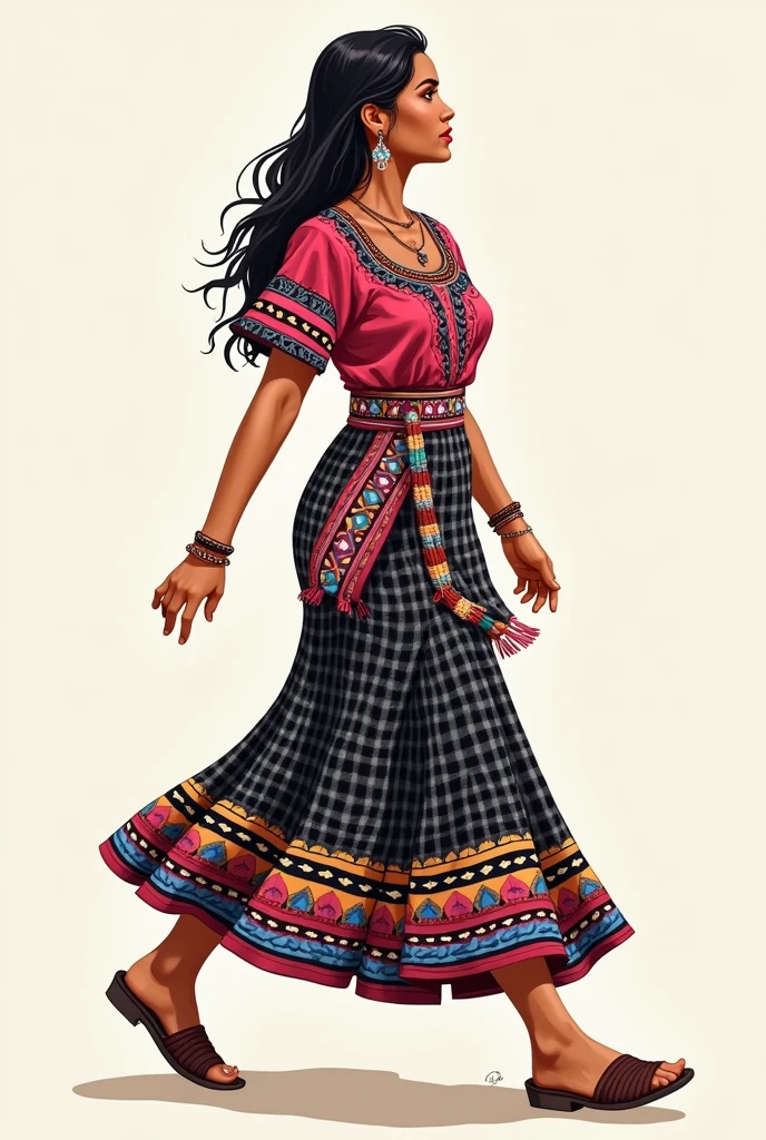 simple popular illustration of a young Guatemalan woman wearing Guatemalan clothing cut,huipil y faja caminando de lado si es la ropa de tecpan guatemala mejor y que reslte que esta usando joyas minimalistas te cuento el corte es una falda que llega bajo la rodilla es de fondthe black con cuadriculares de color blanco Huipil:

body: usually cotton, With a background in colors like white, red, the black.
Embroidery:
design: Embroidery en la parte frontal del huipil, with geometric patterns, animal figures, flowers and traditional Mayan symbols.
colors: Los bordados pueden ser en tonos vivos como rosado red y azul.
Location: The embroidery surrounds the entire blouse.: Rectangular or slightly flared, with a square or rounded neckline. Sleeves can be short or sleeveless. I want her to have minimalist jewelry that stands out.
The blouse is not loose, it's fitted and doesn't highlight the animals as much, and she should wear earrings, bracelets and a necklace.
The sash doesn't hang, the cut has checks all over with a white background. 