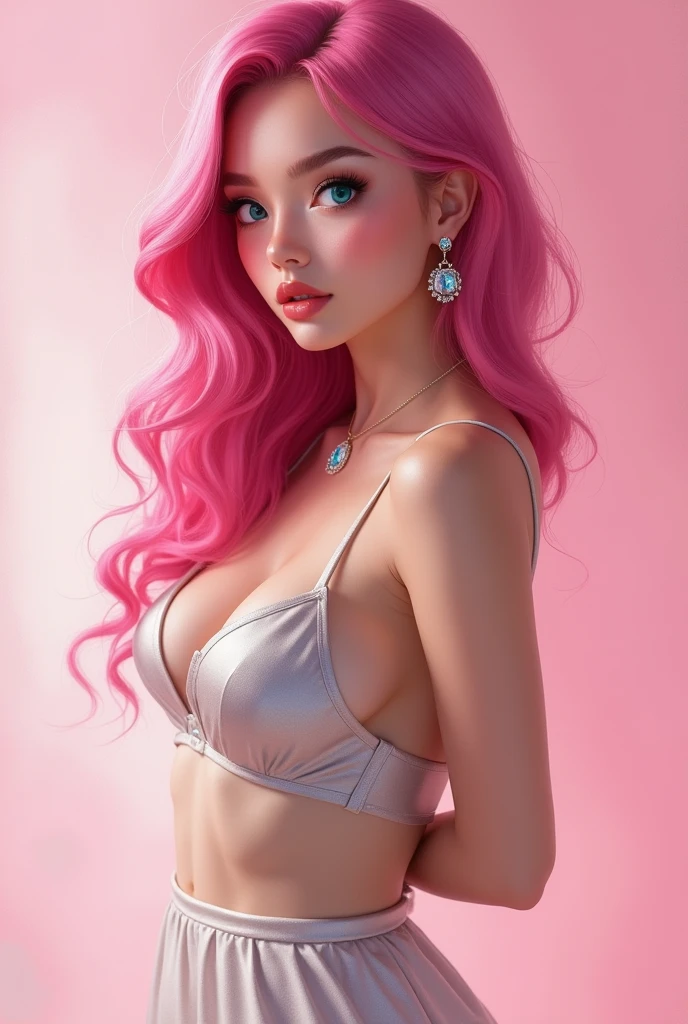 big detailed aqua eyes, pink hair, (aqua eyes), Official art, Unity 8k Wallpaper, Ultra-detail, Beautiful and aesthetic, masterpiece, Best Quality, 1girl, big tits, Extremely detailed, elegant, vivd color, romanticism, arms behind back, street fashion, shiny skin, sexy pose, ((pink background)), heavy blushing, upper body, straight on, (cleavage), perfect thighs, standing, casual, funky graphic design,