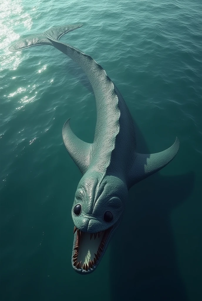 The composition depicts a giant, mysterious marine creature seen from the sky. It is about 100 meters long floating in the sea, with eerie jet black eyes and a wide open mouth,