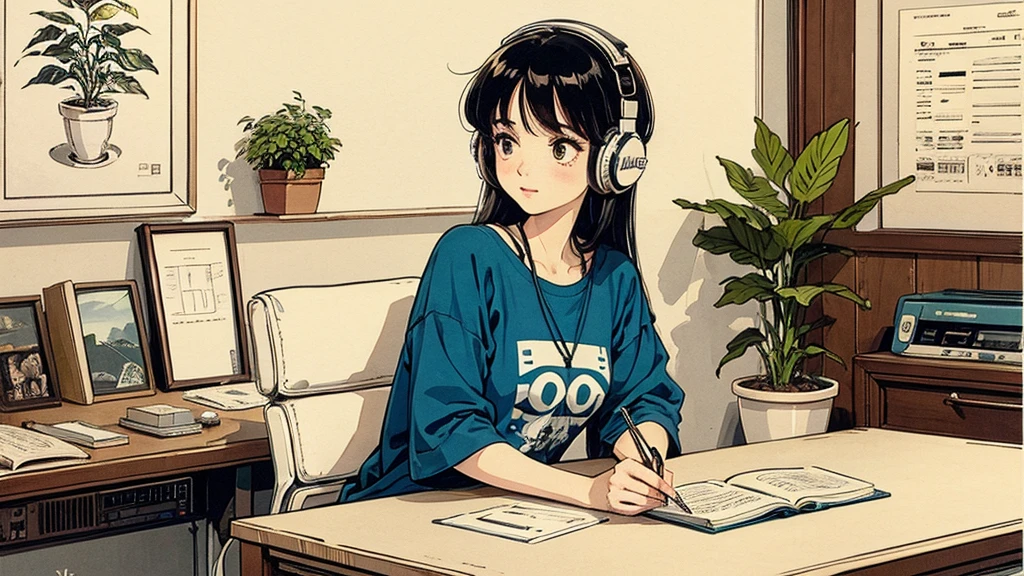 1 person, Blue Long Hair, 80s anime style, I have headphones on, coffee, Retro, Lo-Fi,A room with only white walls, The furniture is only decorated with plants.、Wearing a short-sleeved T-shirt, Close-up of a woman's face from the front