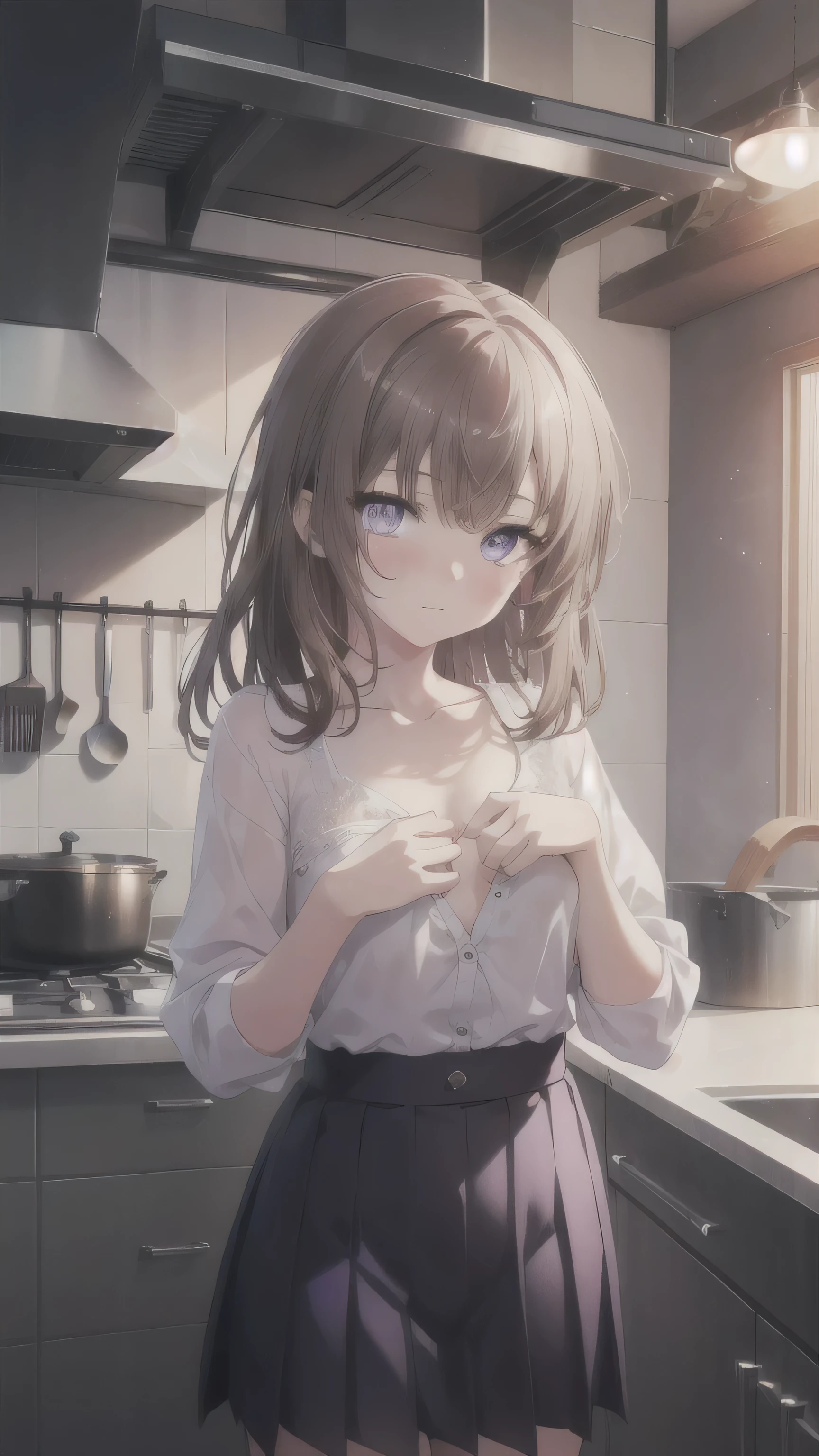 A girl,Long hair, bangs, Brown hair, Hair between the eyes, (Purple Eyes:1.5), (Big Chest:1.2),
rest clavicle, White shirt, Pleated Skirt, mini skirt, White skirt,Clive Arch,skirt,skirt,nipple,NUDE,protrude,Chest,
rest looking at viewer, whole body,Close your eyes,Close your eyes,
rest indoors, kitchen,
rest (masterpiece:1.2), best quality, high resolution, Unity 8K wallpaper, (illustration:0.8), (Beautiful and delicate eyes:1.6), Extremely detailed face, Perfect lighting, Extremely detailed CG, (Perfect hands, Perfect anatomical structure),