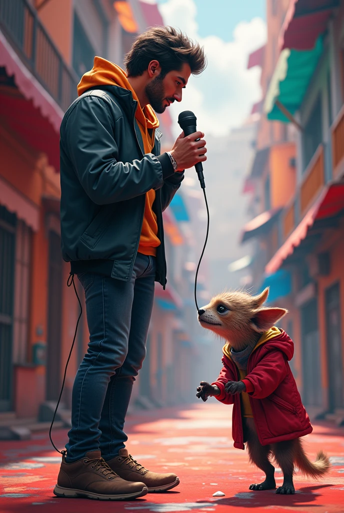 Dynamic pose with a guy with a microphone looking at a small creature