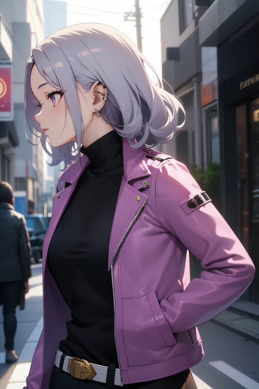 Profile showing forehead, silver and purple mesh hair, boyish, curly, flashy street fashion, biker jacket, turtleneck, belt, lots of piercings, droopy eyes, light purple eyes