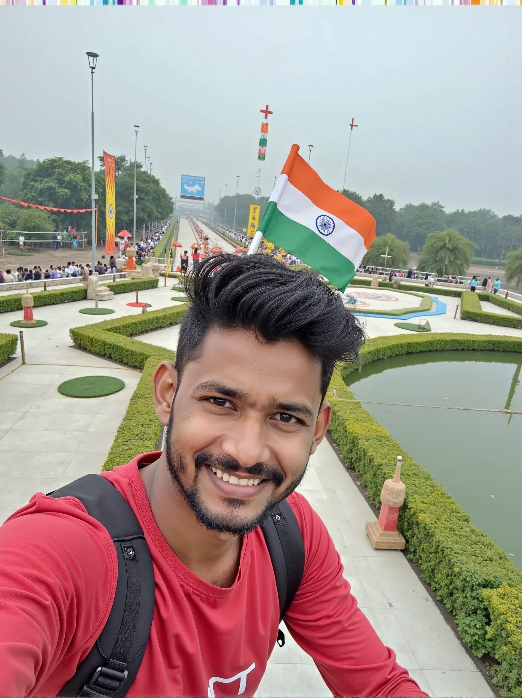 Firstly remove background of this image and add background of Happy Independence Day and change this image to taking selfie of Indian flag 