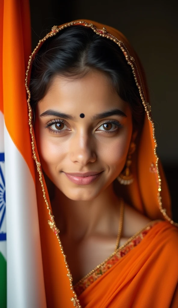 A close-up portrait of a young woman with a warm and gentle expression, wearing traditional Indian attire. She has an orange dupatta gracefully draped over her head, with intricate golden embroidery along the edges. Her eyes are deep brown, with a small black bindi on her forehead, adding to her traditional look. The Indian national flag is partially visible, symbolizing her pride and connection to her heritage. The lighting is soft, casting a warm glow on her face, highlighting her natural beauty and the delicate features of her traditional clothing. The background is blurred, focusing attention on her serene expression and the cultural elements she embodies.