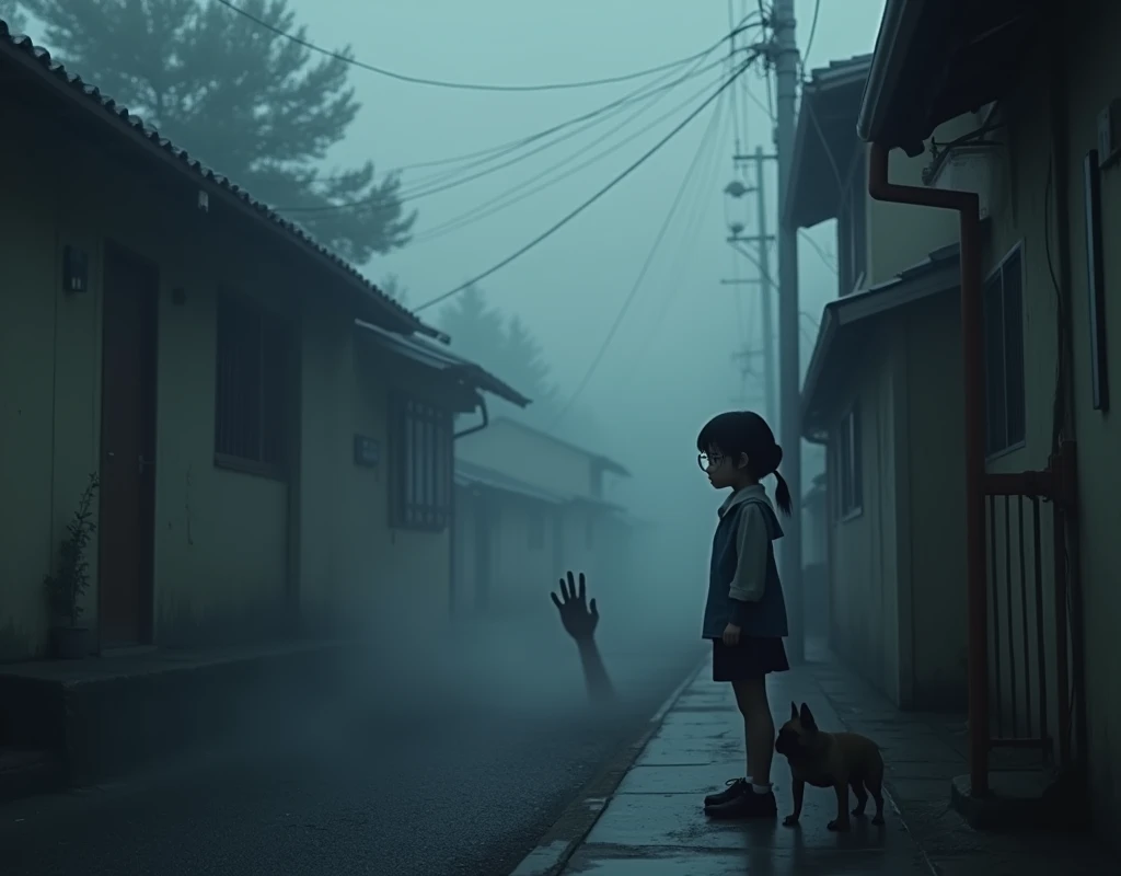 A small Japanese residential area shrouded in morning mist、A black hand is reaching out from a damaged construction site wall, approaching a dog.、A young elementary school girl with glasses standing nearby, looking surprised.、A pug and French bulldog mix、Creepy、Creepy、Very detailed、Cinematic lighting、Dramatic colors、Moodyな雰囲気、(Highest quality、4K、8k、High resolution、masterpiece:1.2)、Super detailed、(Real、Photorealistic、Photorealistic:1.37)、Dramatic lighting、Dark Shadows、Moody、mysterious、Surreal、Creepy