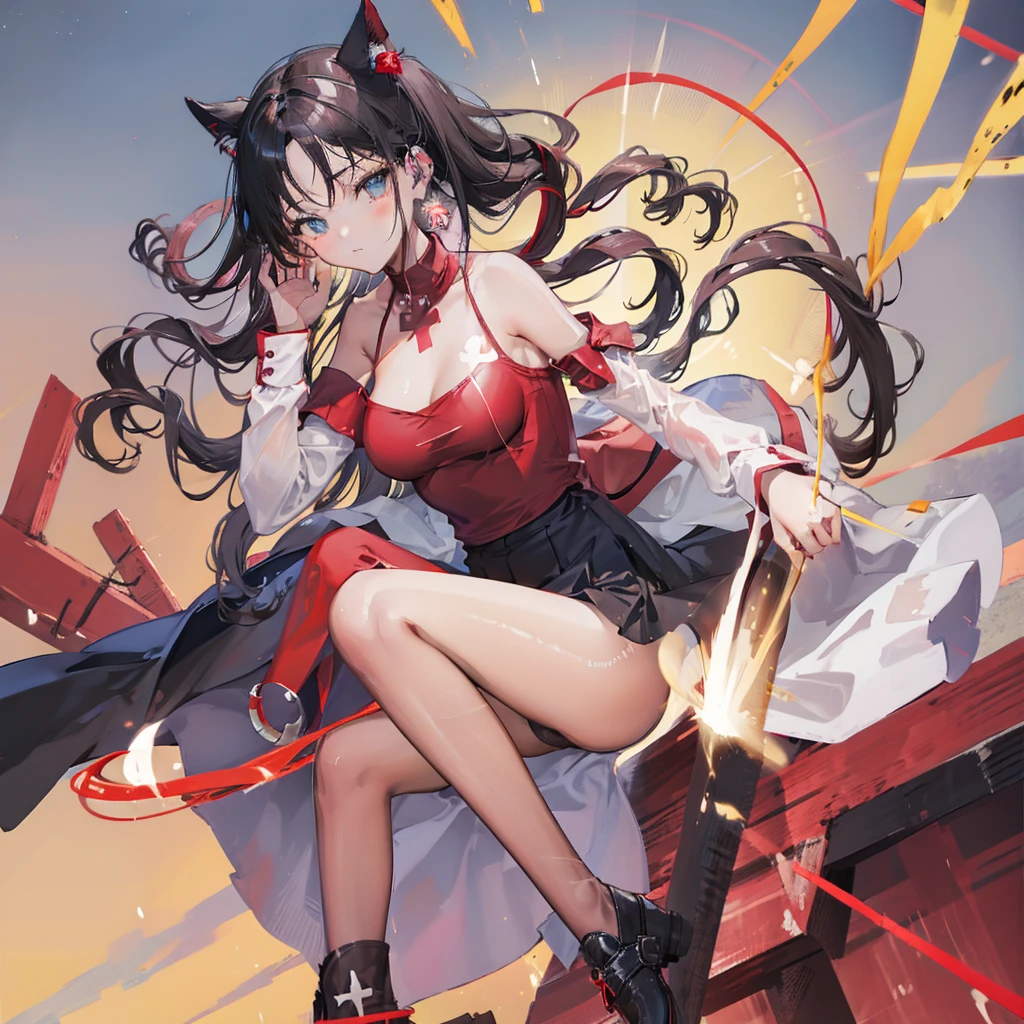 Double tail，The Red Cross' short-sleeved shirt，Black skirt，black stockings，Small Breasts，On the rooftop at night