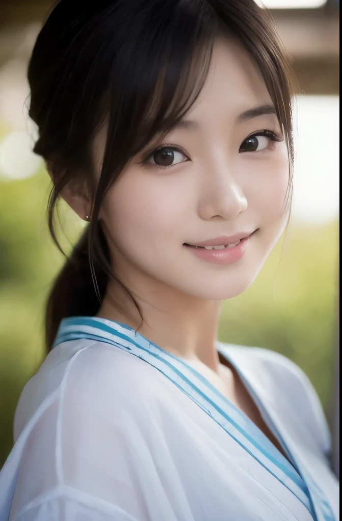 best quality, face focus, soft light, ultra high res, (photorealistic:1.4), RAW photo,(Shinozaki Ai), white skin, kawaii, 1 Japanese girl, solo, cute, (smile), (pupil, lights in the eyes), detailed beautiful face, Medium-sized breasts,(high resolution detail of human skin texture),(long hair),(portrait), upper body, white traditional kimono
