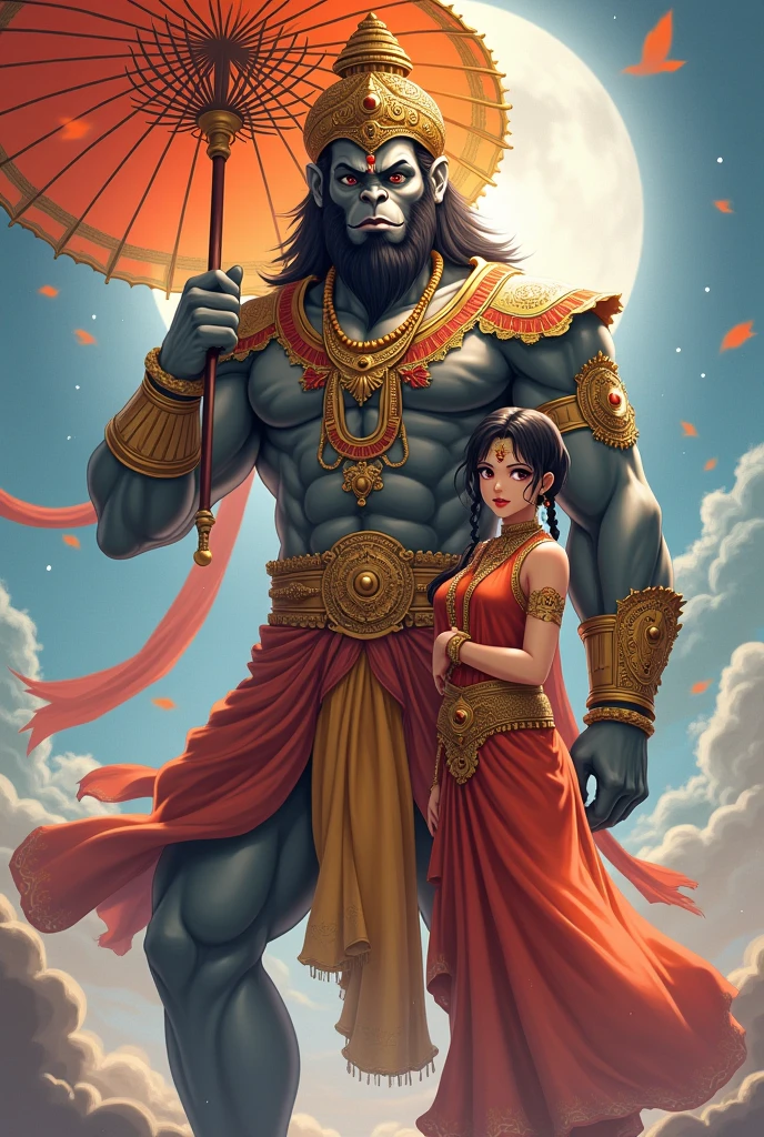 Anime girl standing . Hanuman ji wearing beautiful god costume. Hanuman ji holding umbrella