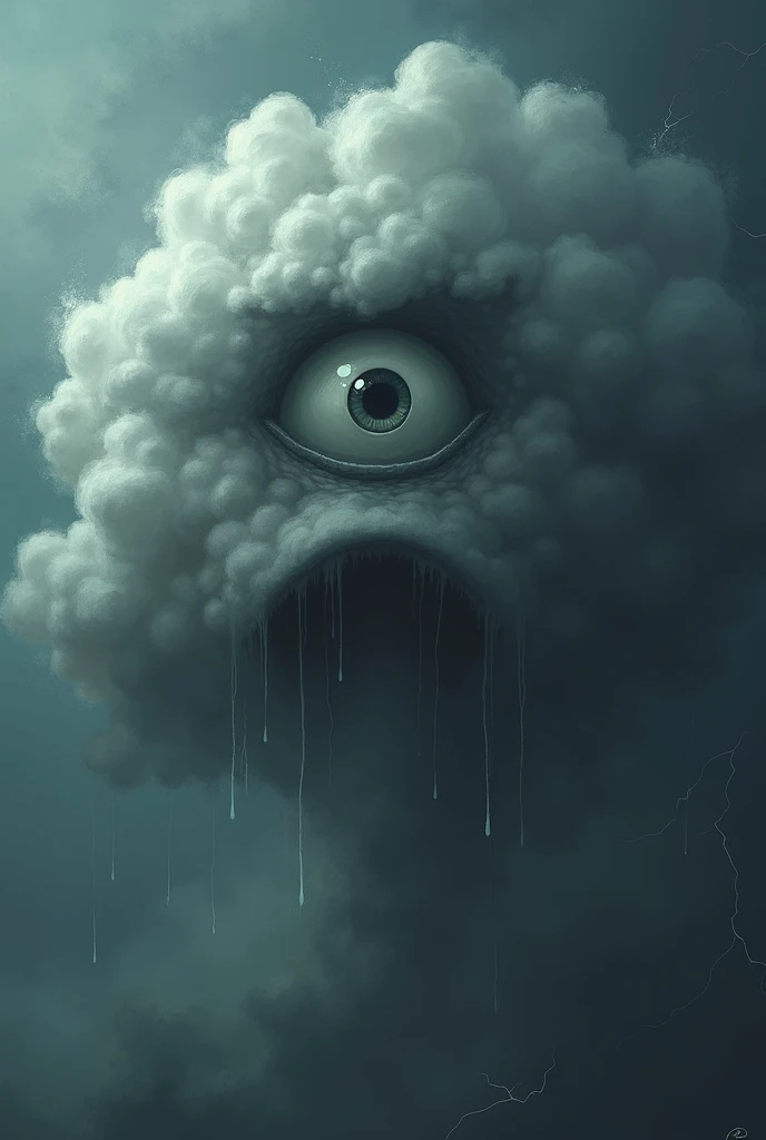 A gray cloud with an eye crying in anger