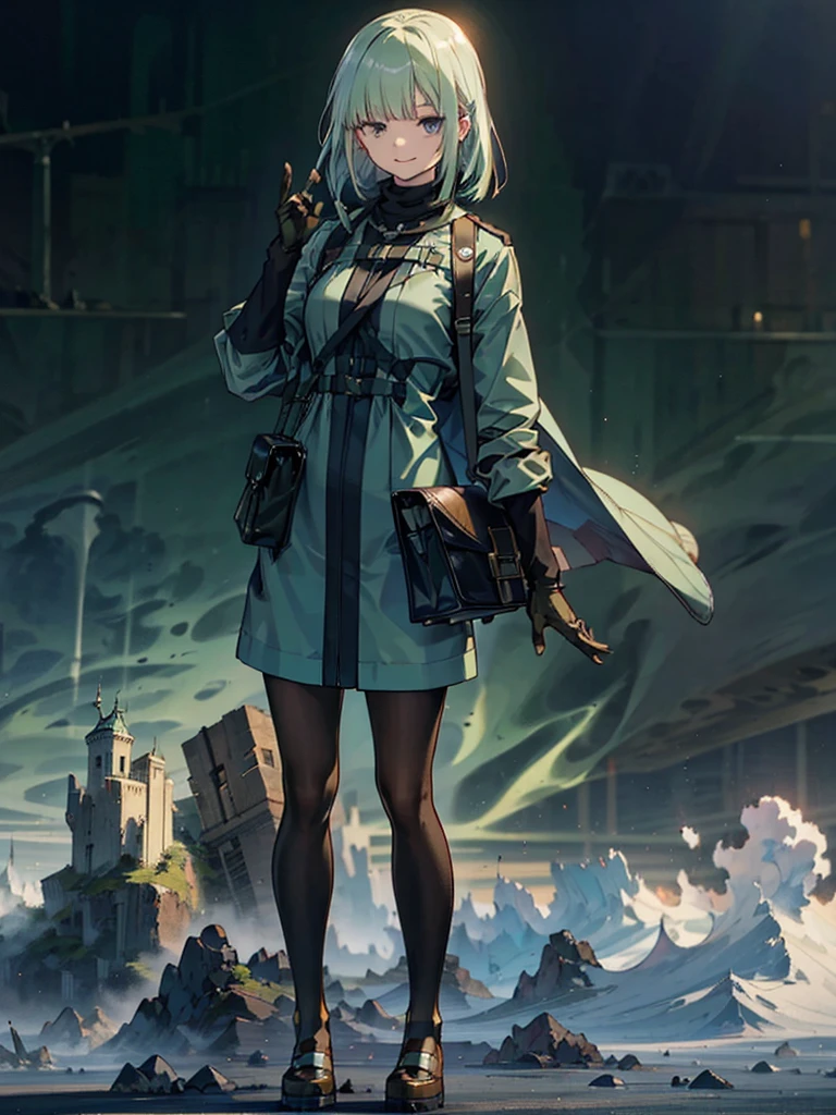 Empty City, A town above the clouds, Sky City,Black Eye,green hair,Green duffle coat