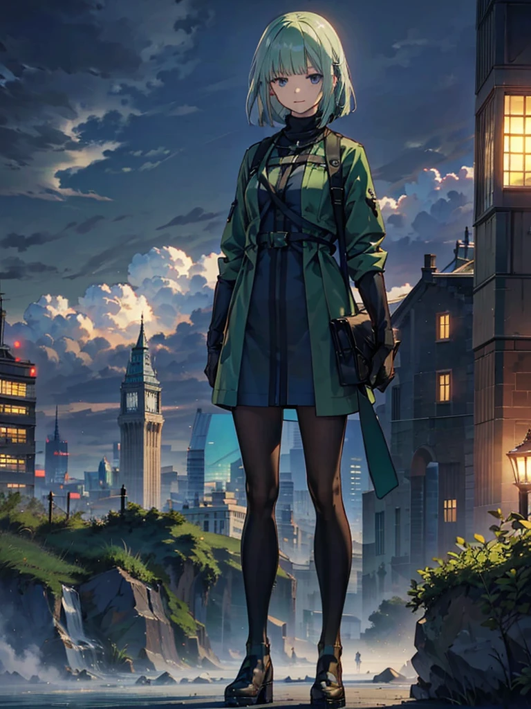 Empty City, A town above the clouds, Sky City,Black Eye,green hair,Green duffle coat