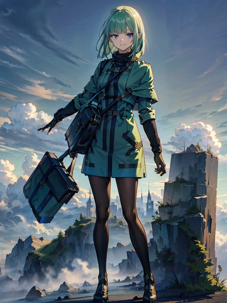 Empty City, A town above the clouds, Sky City,Black Eye,green hair,Green duffle coat