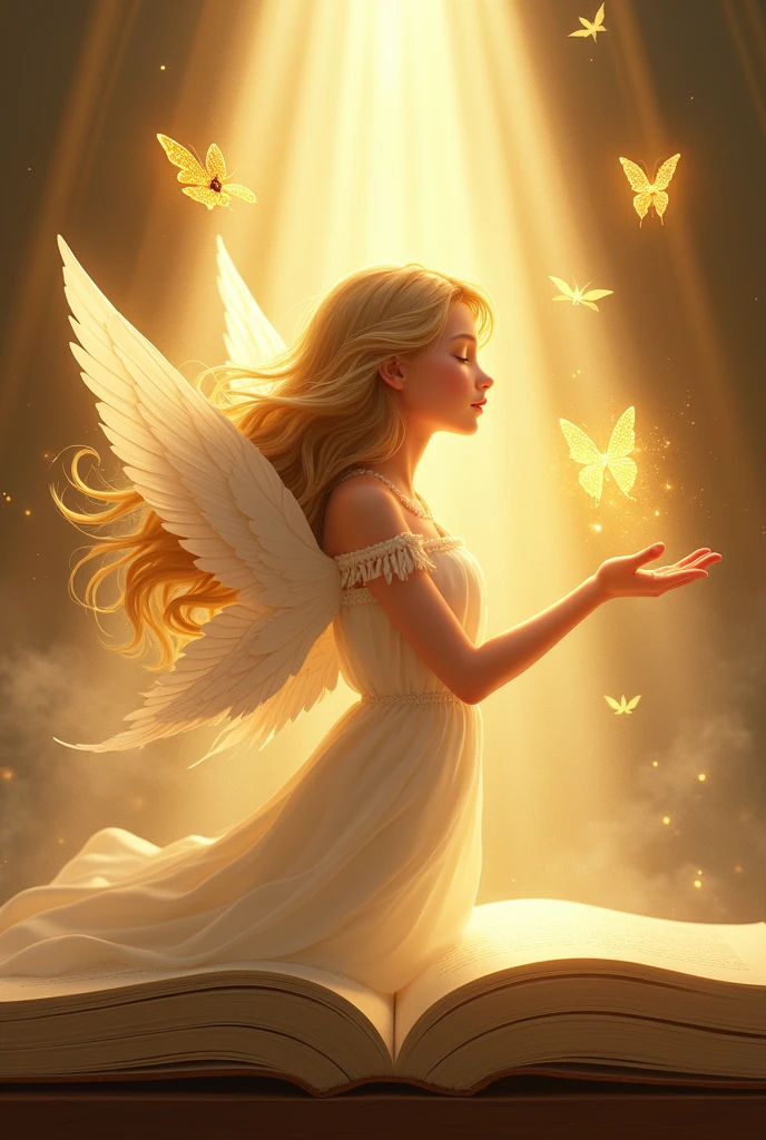 A disney girl living angel coming out from a Bible ... Her surroundings is lightning with golden butterflies... She spreads her hand towards the butterflies her golden hair flattering in air... She keeps her eyes closed
