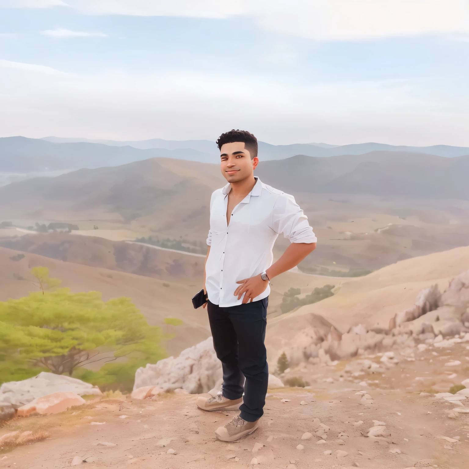 arafed man standing on a rocky hill with a view of a valley, hills in the background, standing in front of a mountain, in front of a forest background, very very low quality picture, with mountains in the background, standing on mountain, with mountains in background, mohamed chahin, in a scenic background, amidst nature, full body photogenic shot