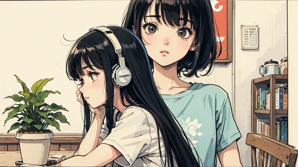 1 person, Blue Long Hair, 80s anime style, I have headphones on, coffee, Retro, Lo-Fi,A room with only white walls, The furniture is only decorated with plants.、Wearing a short-sleeved T-shirt, Close-up of a woman's face from the front