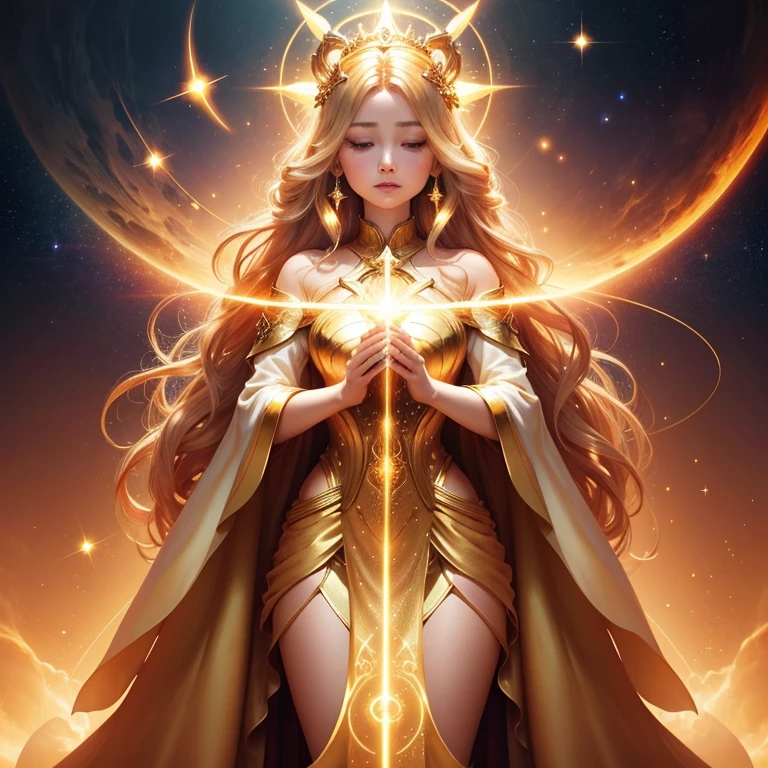 Close-up of a woman wearing a golden dress、The background is shining with a halo.、Abstract images, Beautiful Celestial Magician, Heavenly Goddess, Golden ethereal light, Fantastic fantasy, Beautiful Fantasy Empress,, Goddess of space and time, Shining golden aura, Goddess of Light, A surprisingly young and mysterious person,


