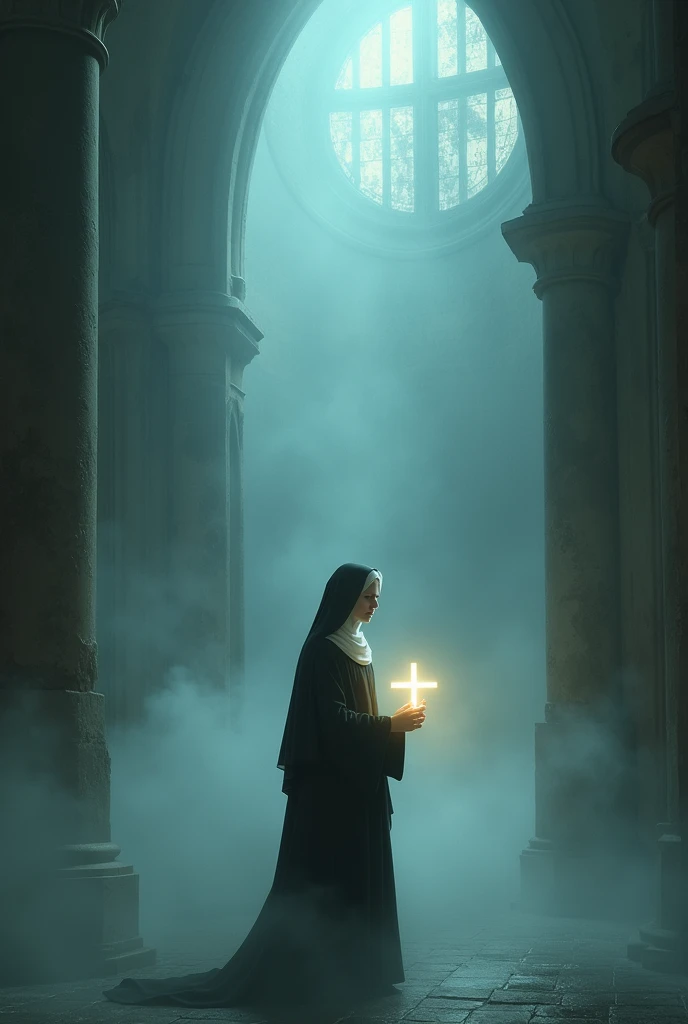 A church buried in a mysterious mist, a nun prays in the fog, a ray of light coming from the sky, a cross in her hand glowing,