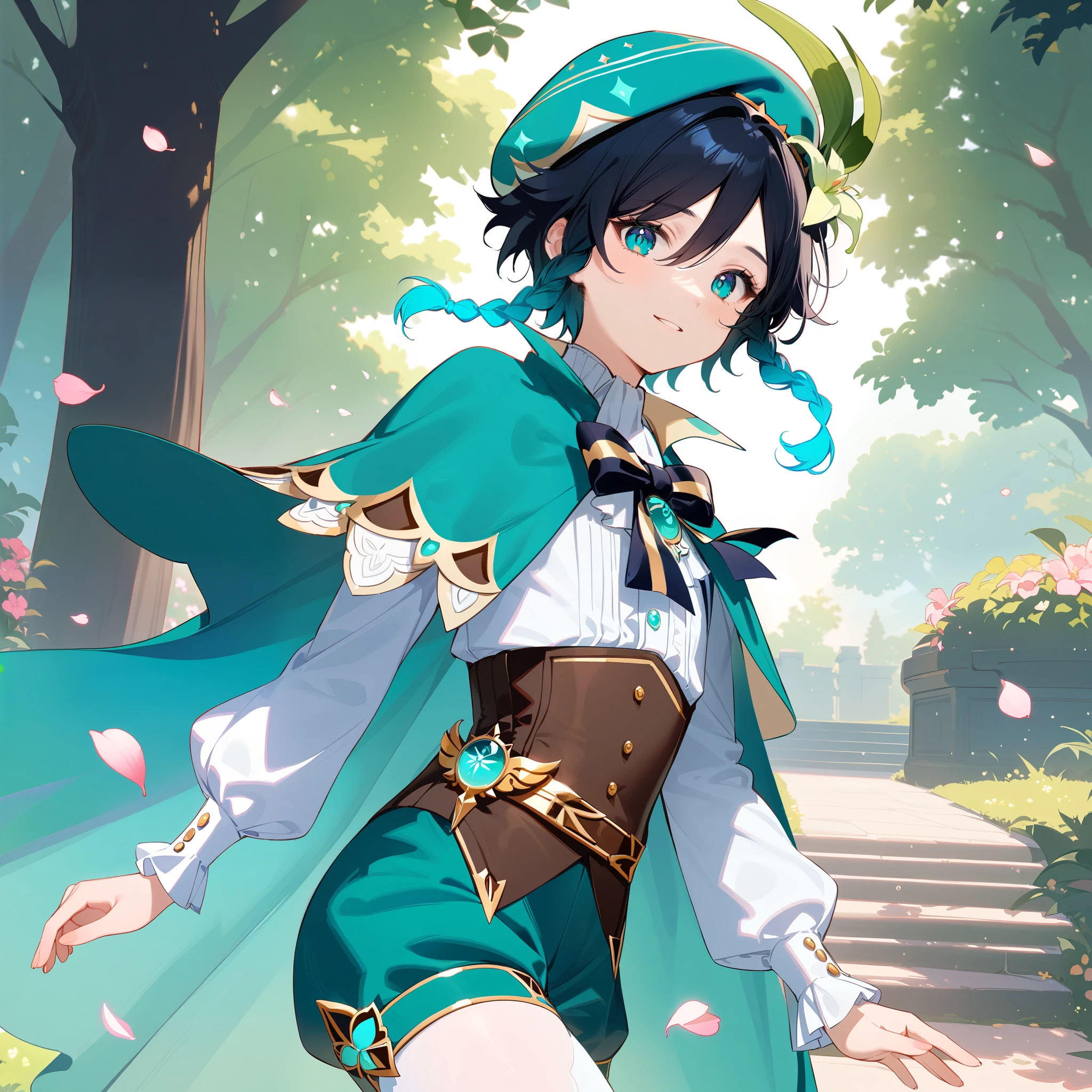 (best quality,4k,8k,highres,masterpiece:1.2),1boy,venti genshin impact,male focus,flat chest,ultra-detailed,realistic,(dsmile:0.5),morning of spring,delicate light rays,rich color palette,elegant curves,effects of light and shadow,flower petals falling,springtime essence,ethereal atmosphere,peaceful garden background,morning dew,soft sunlight filtering through trees,lush plants,komorebi,vividly colored blossoms,transcendent beauty,awe-inspiring artwork,white long-sleeved shirt, brown corset,green shorts, white tights,green cape,hat,brooch,green eyes,wise and kind god,cinematic lighting, ray tracing, UHD, high details, high quality, award winning, super detail,wind magic