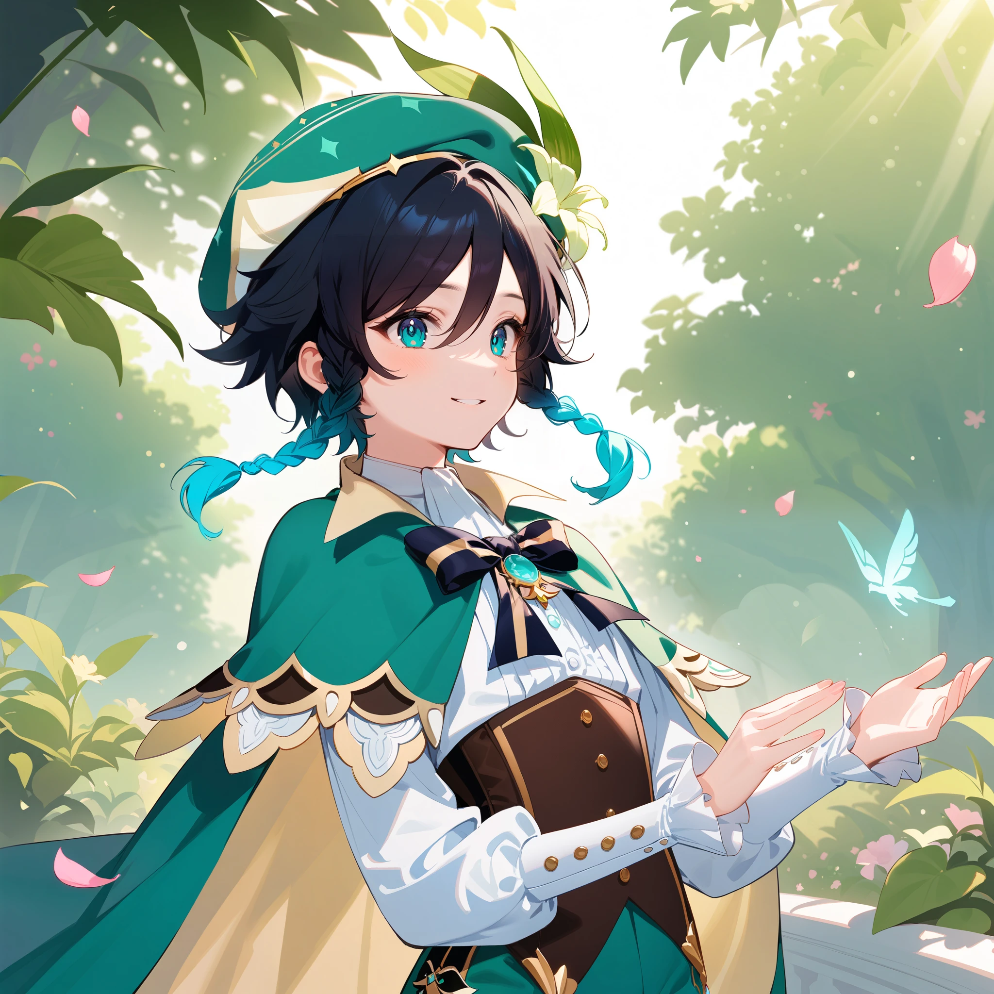 (best quality,4k,8k,highres,masterpiece:1.2),1boy,venti genshin impact,male focus,flat chest,ultra-detailed,realistic,(dsmile:0.5),morning of spring,delicate light rays,rich color palette,elegant curves,effects of light and shadow,flower petals falling,springtime essence,ethereal atmosphere,peaceful garden background,morning dew,soft sunlight filtering through trees,lush plants,komorebi,vividly colored blossoms,transcendent beauty,awe-inspiring artwork,white long-sleeved shirt, brown corset,green shorts, white tights,green cape,hat,brooch,green eyes,wise and kind god,cinematic lighting, ray tracing, UHD, high details, high quality, award winning, super detail,wind magic